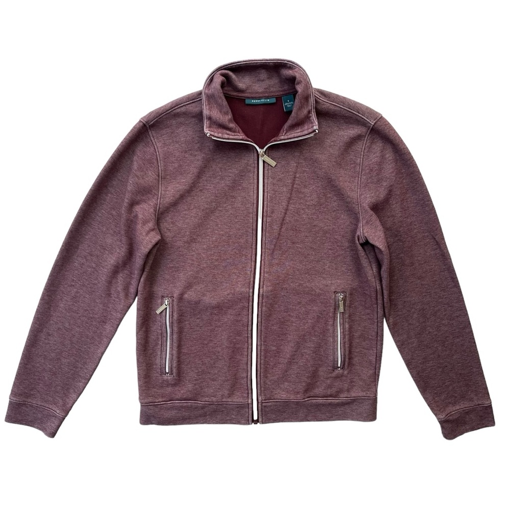 Perry Ellis Men’s Small Solid Port, Heather Maroon Full Zip Knit Collared Jacket